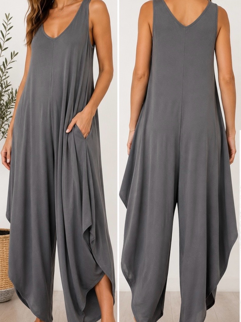 Tiana B Gray Sleeveless Harem Jumpsuit Draped Wide Leg Lounge Romper M